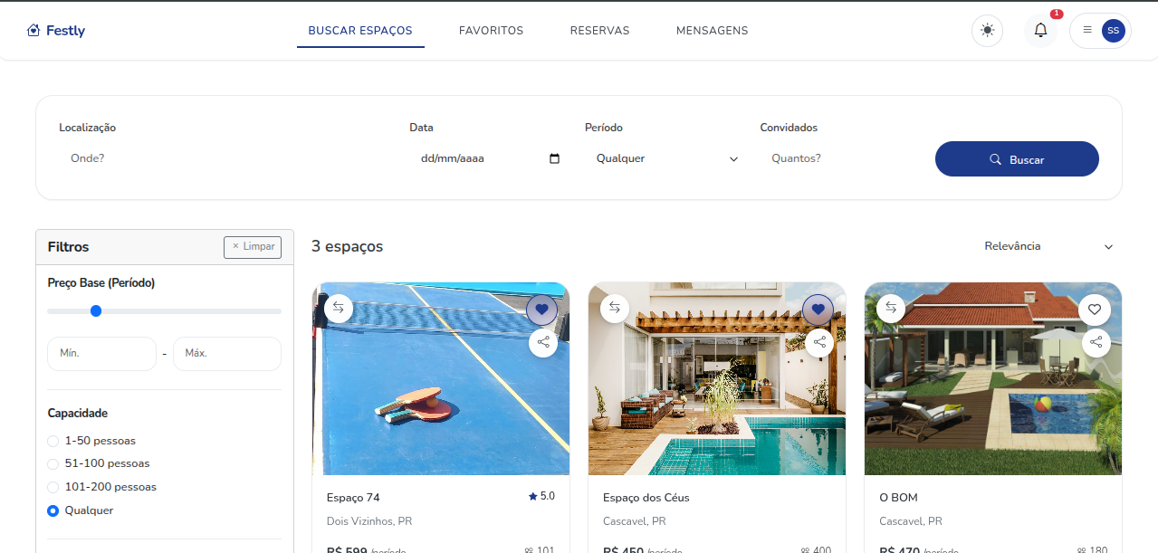 Visualização de espaço de eventos no Festly